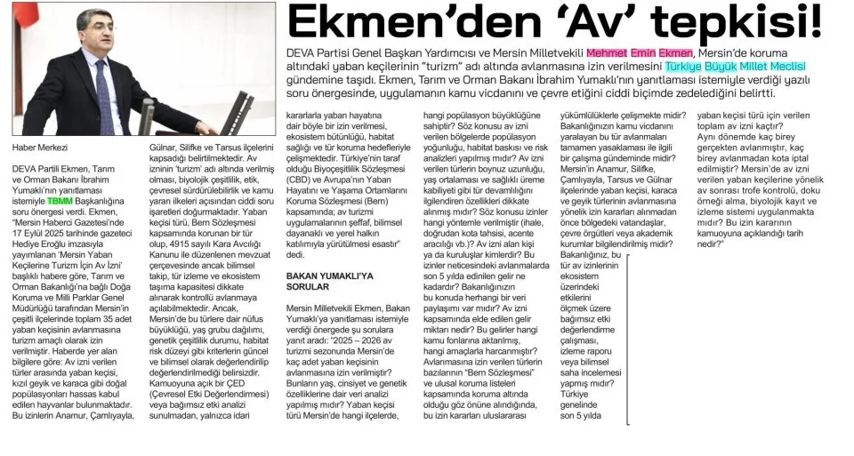 EKMEN'DEN 'AV' TEPKİSİ! — gazete kupürü