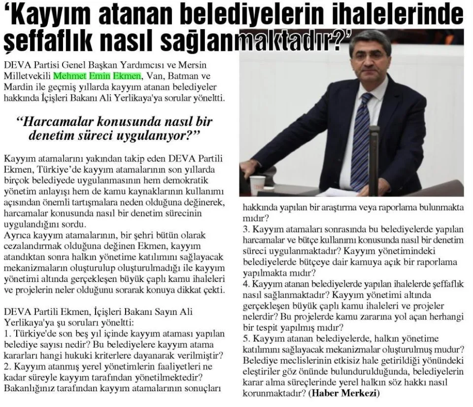 'KAYYIM ATANAN BELEDİYELERİN İHALELERİNDE ŞEFFAFLIK NASIL SAĞLANMAKTADIR ?' — gazete kupürü