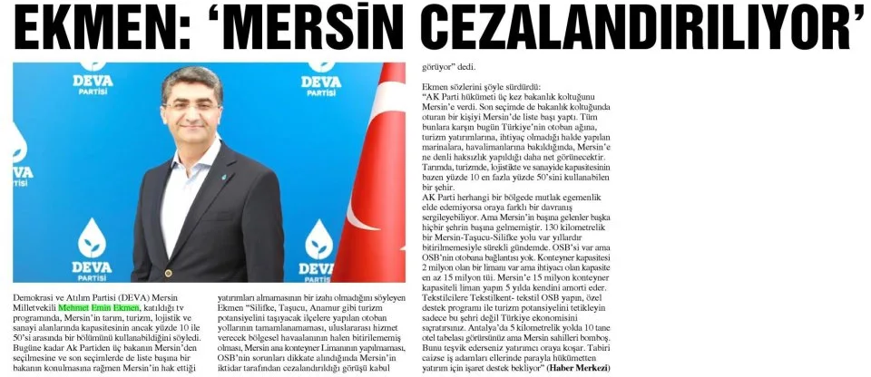 EKMEN: 'MERSİN CEZALANDIRILIYOR' — gazete kupürü