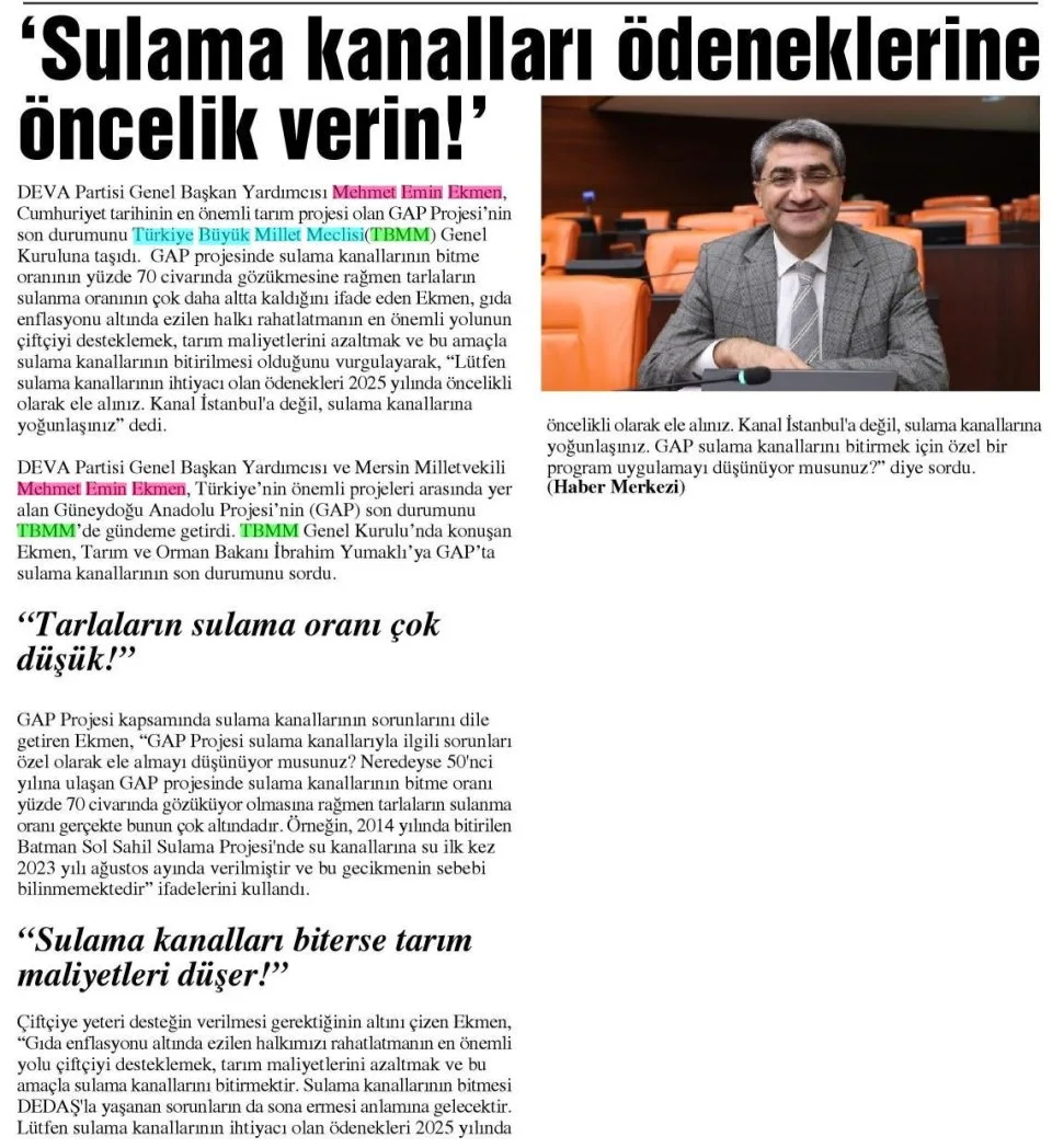 'SULAMA KANALLARI ÖDENEKLERİNE ÖNCELİK VERİN!' — gazete kupürü