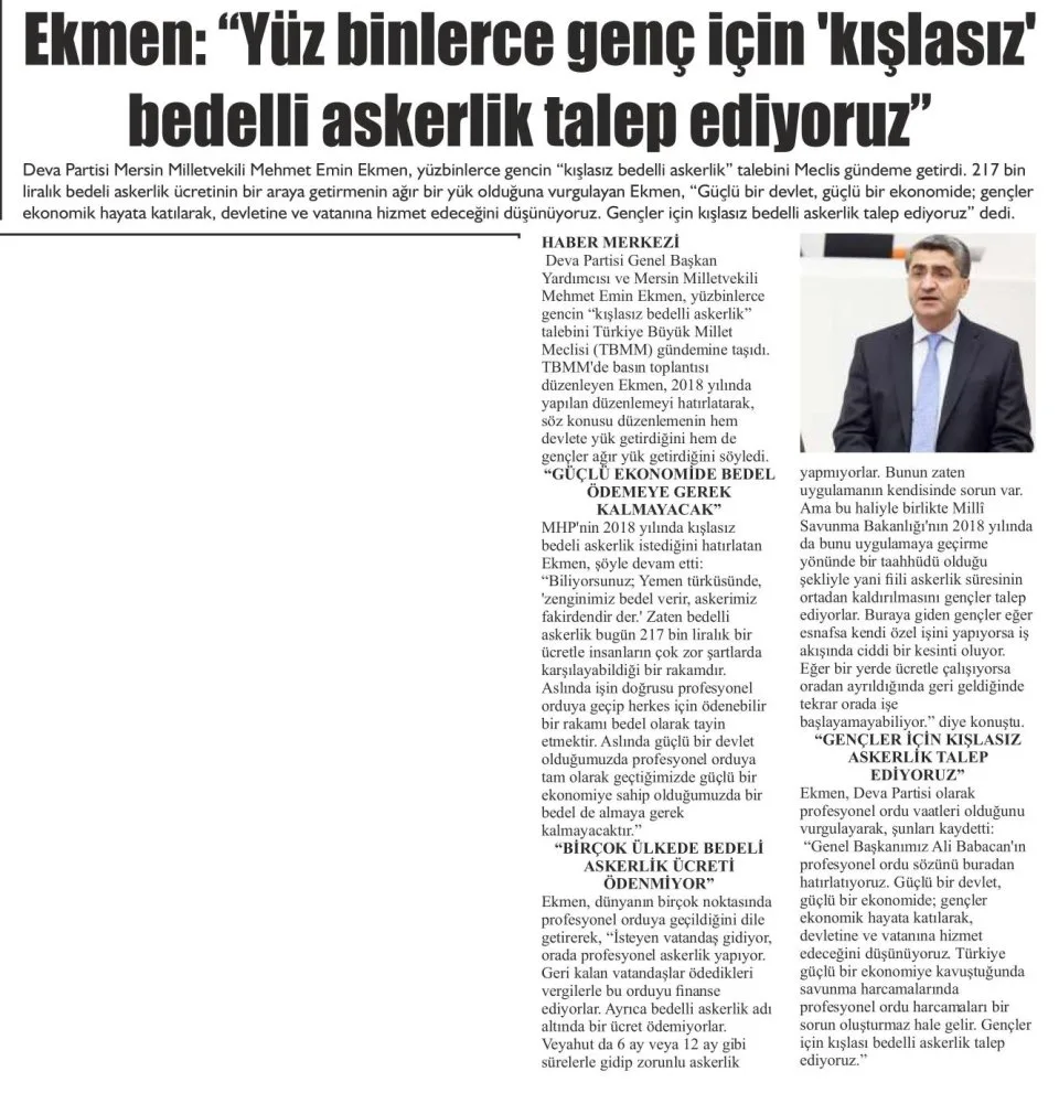 EKMEN: YÜZBİNLERCE GENÇ İÇİN KIŞLASIZ BEDELLİ ASKERLİK TALEP EDİYORUZ — gazete kupürü