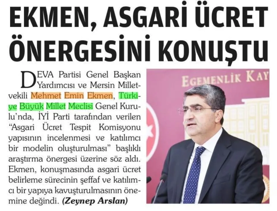 EKMEN, ASGARİ ÜCRET ÖNERGESİNİ KONUŞTU — gazete kupürü