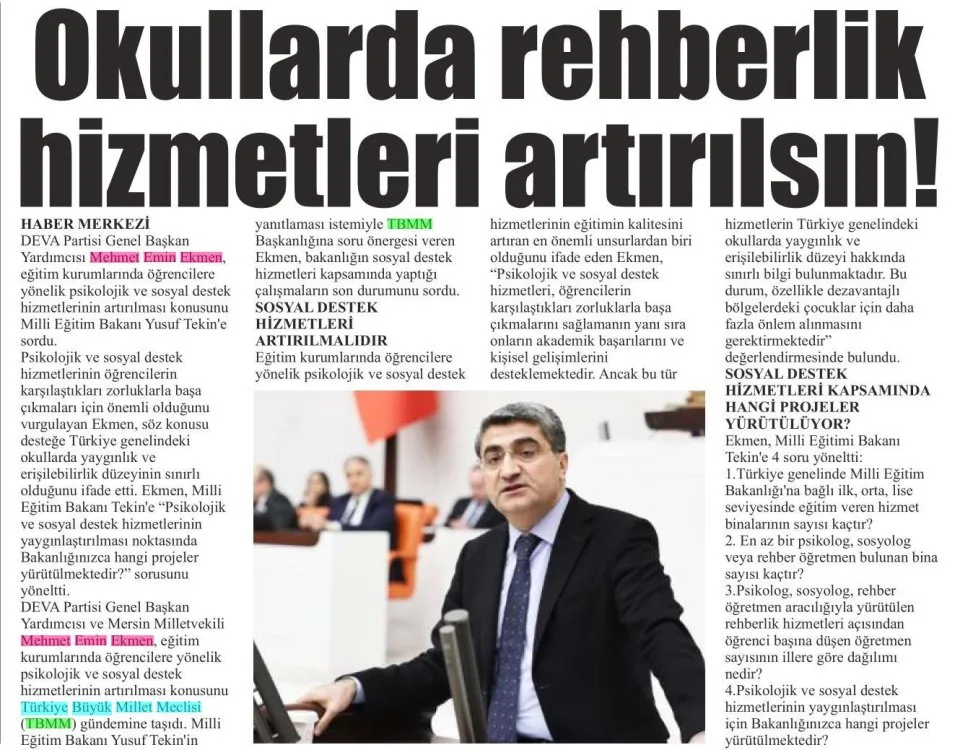 "OKULLARDA REHBERLİK HİZMETLERİ ARTIRILSIN!" — gazete kupürü