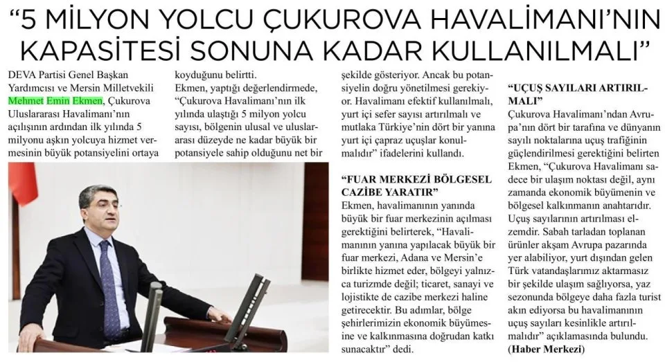 ÇUKUROVA HAVALİMANI'NDA KRİTİK ÇAĞRI — gazete kupürü