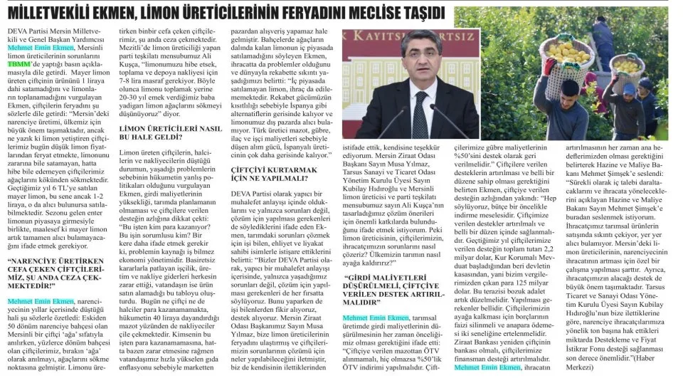 LİMON ÜRETİCİLERİNİN SORUNLARI MECLİSTE — gazete kupürü