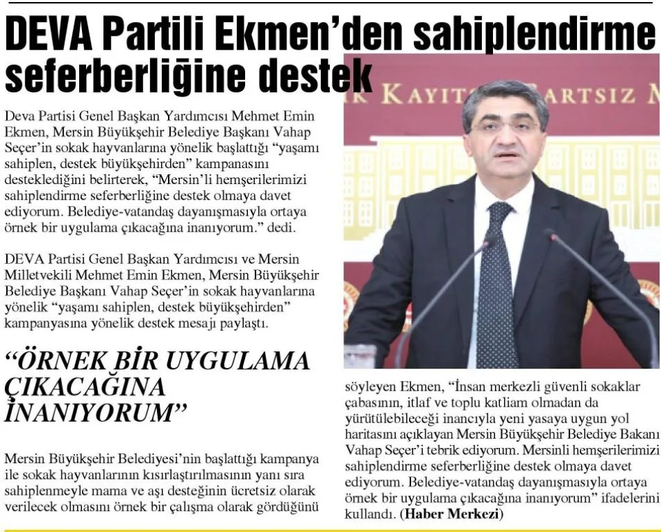 DEVA PARTİLİ EKMENDEN SAHİPLENDİRME SEFERBERLİĞİNE DESTEK — gazete kupürü
