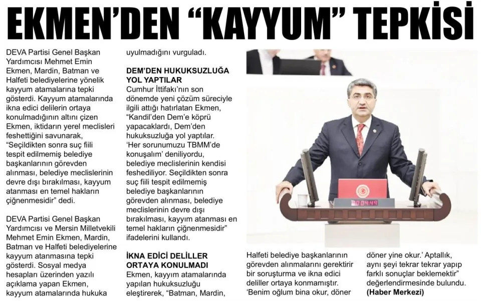 EKMEN'DEN "KAYYUM" TEPKİSİ — gazete kupürü