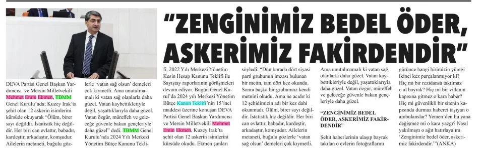 ZENGİNİMİZ BEDEL ÖDER ASKERİMİZ FAKİRDENDİR — gazete kupürü