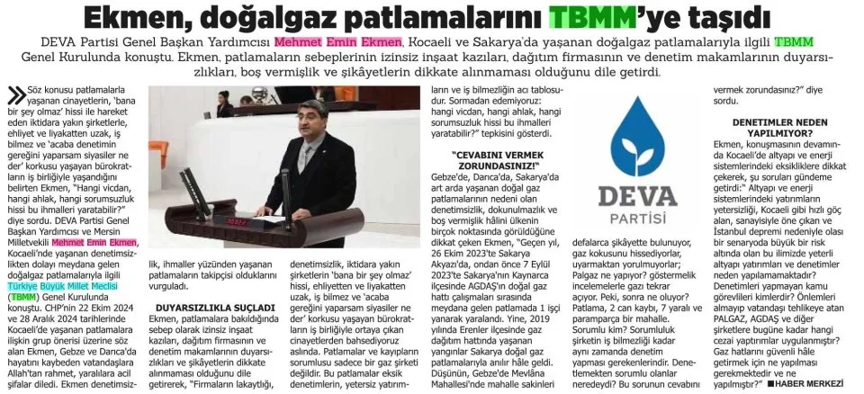 EKMEN, DOĞALGAZ PATLAMALARINI TBMM'YE TAŞIDI — gazete kupürü