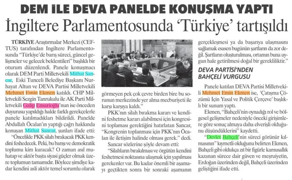 DEM İLE DEVA PANELDE KONUŞMA YAPTI İNGİLTERE PARLAMENTOSUNDA 'TÜRKİYE' TARTIŞILDI — gazete kupürü