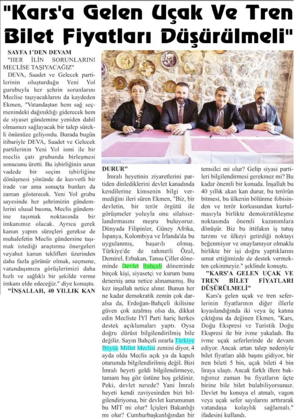 "KARS'A GELEN UÇAK VE TREN BİLET FİYATLARI DÜŞÜRÜLMELİ" — gazete kupürü