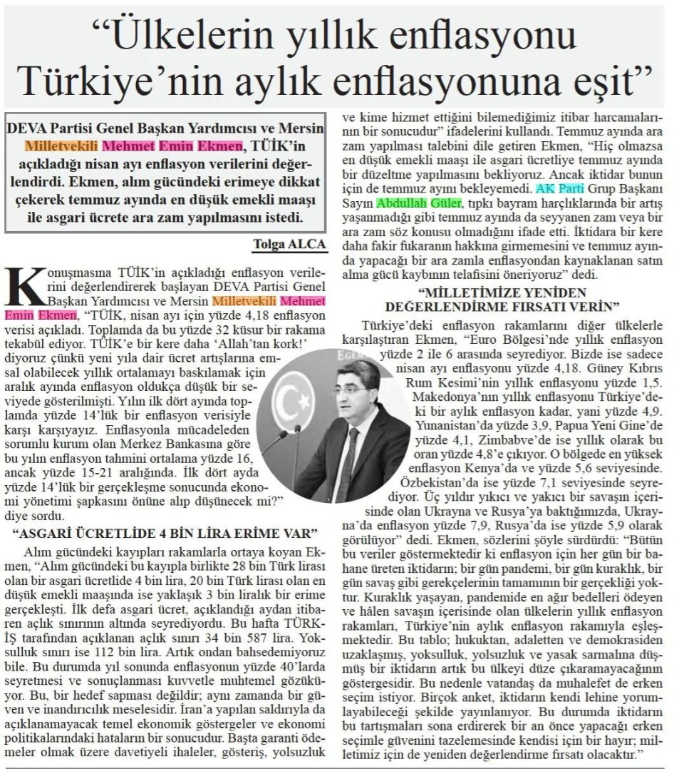 "ÜLKELERİN YILLIK ENFLASYONU TÜRKİYE'NİN AYLIK ENFLASYONUNA EŞİT" — gazete kupürü