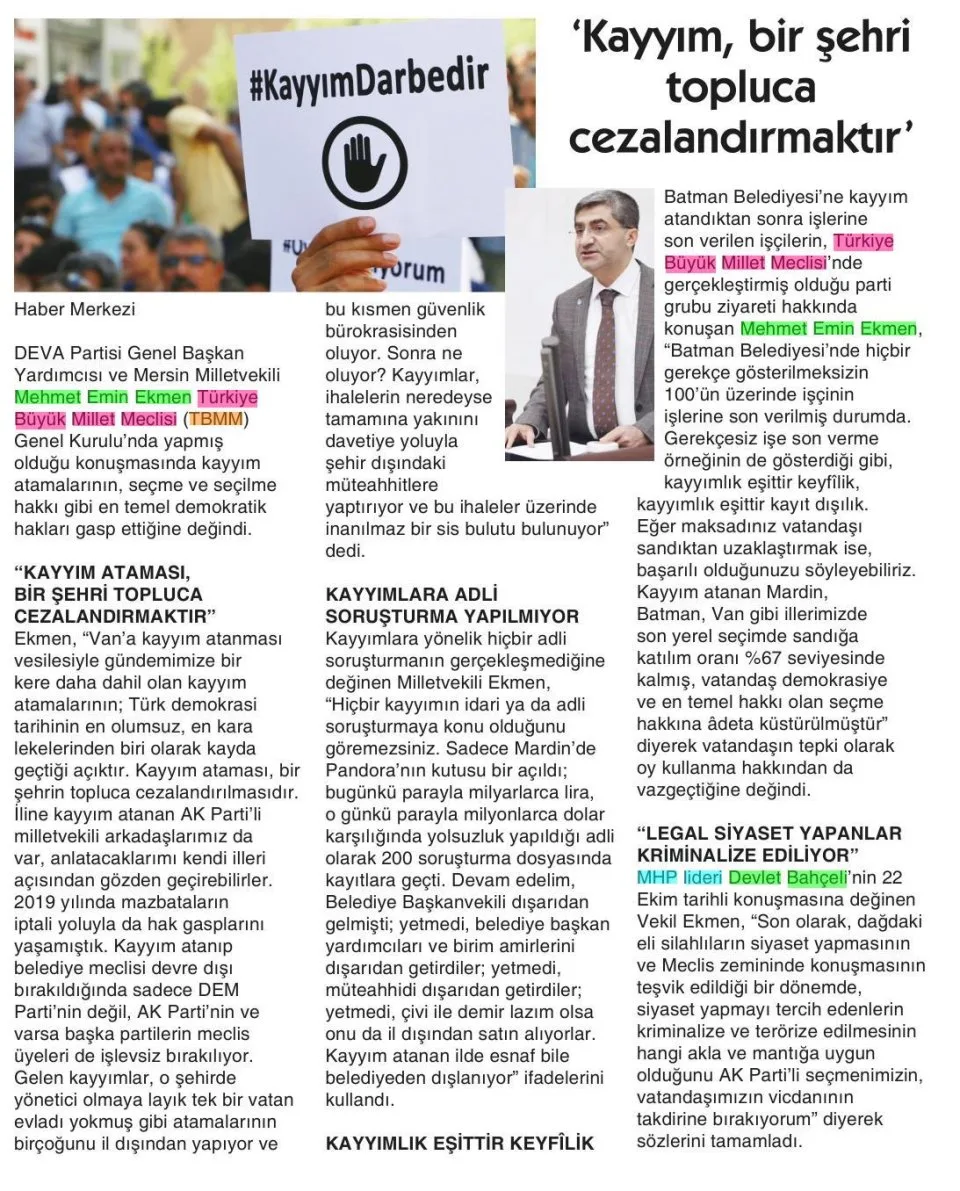 KAYYIM, BİR ŞEHRİ TOPLUCA CEZALANDIRMAKTIR — gazete kupürü