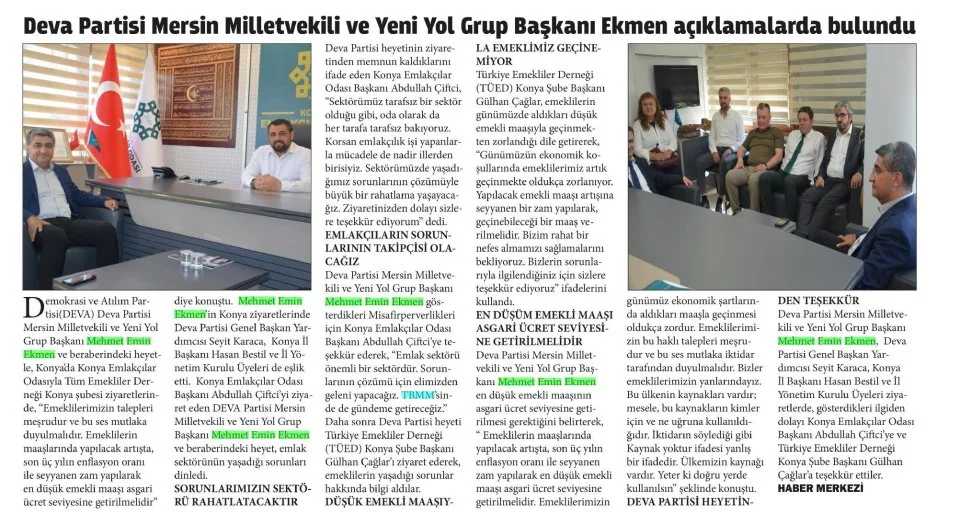 DEVA PARTİSİ MERSİN MİLLETVEKİLİ VE YENİ YOL GRUP BAŞKANI EKMEN AÇIKLAMALARDA BULUNDU — gazete kupürü