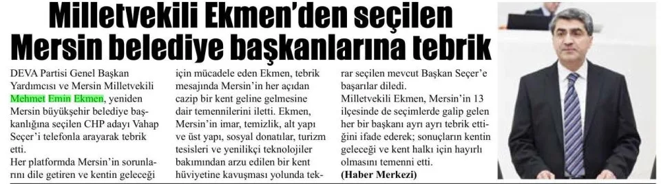 EKMEN'DEN SEÇİLEN MERSİN BELEDİYE BAŞKANLARINA TEBRİK — gazete kupürü