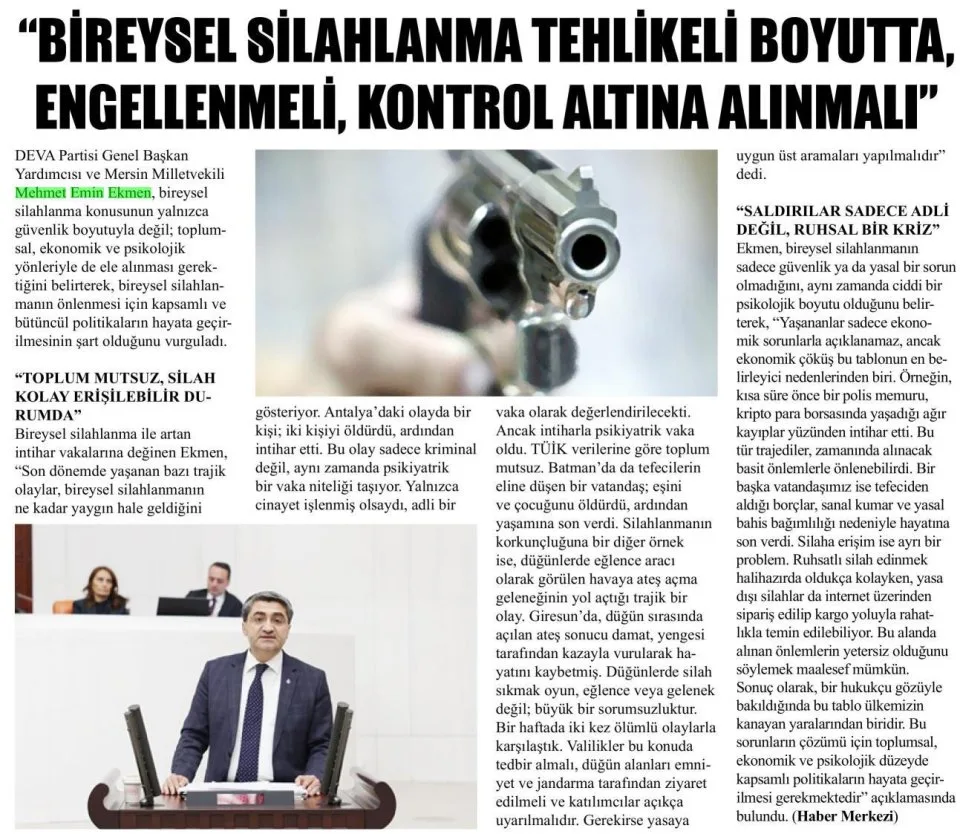 "BİREYSEL SİLAHLANMA TEHLİKELİ BOYUTTA" — gazete kupürü