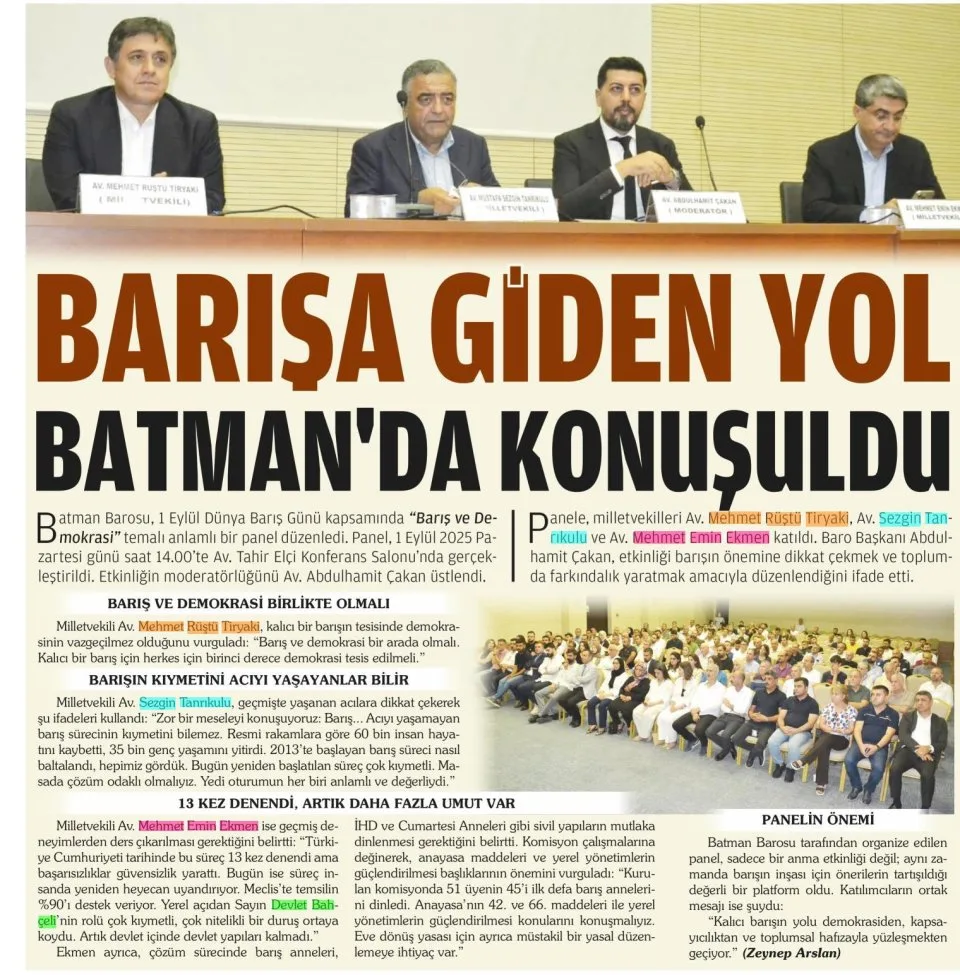 BARIŞA GİDEN YOL BATMAN'DA KONUŞULDU — gazete kupürü