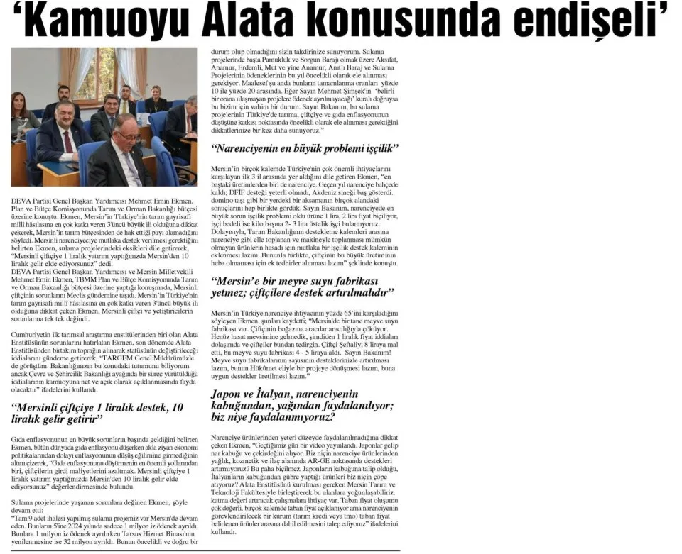 'KAMUOYU ALATA KONUSUNDA ENDİŞELİ' — gazete kupürü