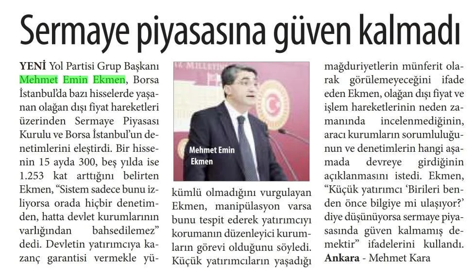 SERMAYE PİYASASINA GÜVEN KALMADI — gazete kupürü (2. parça)