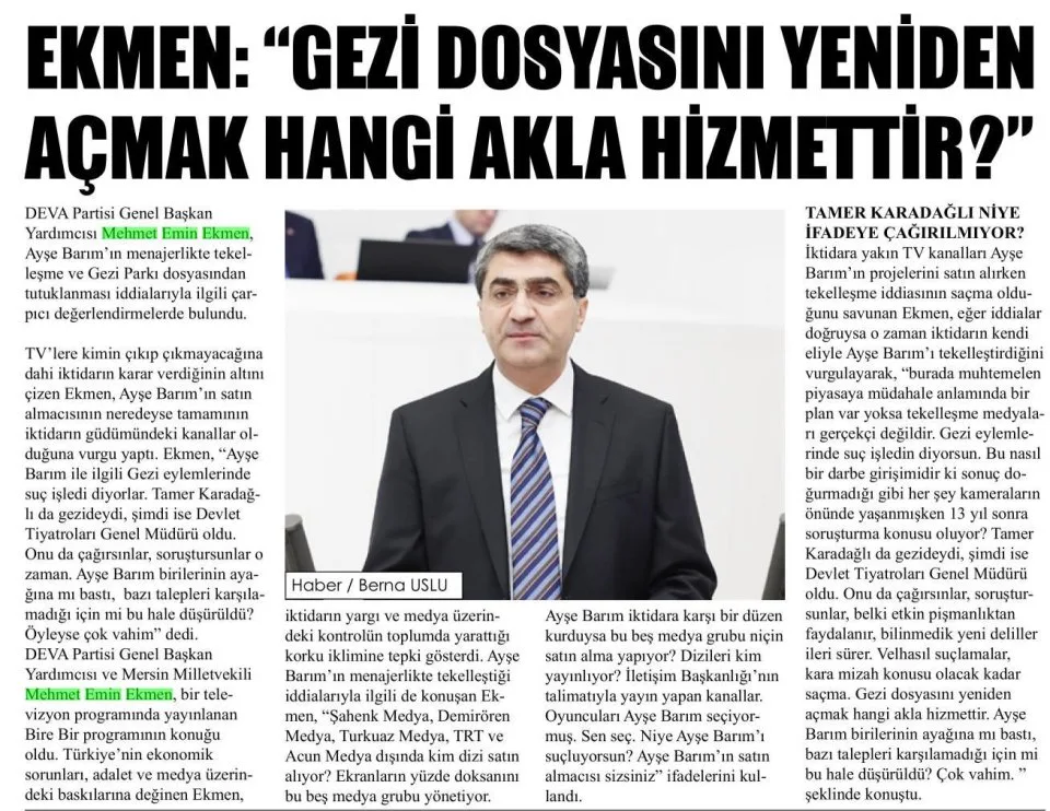 EKMEN'DEN AYŞE BARIM TEPKİSİ — gazete kupürü