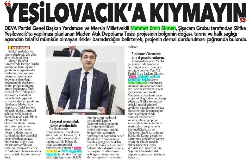 'YEŞİLOVACIK'A KIYMAYIN' — gazete kupürü