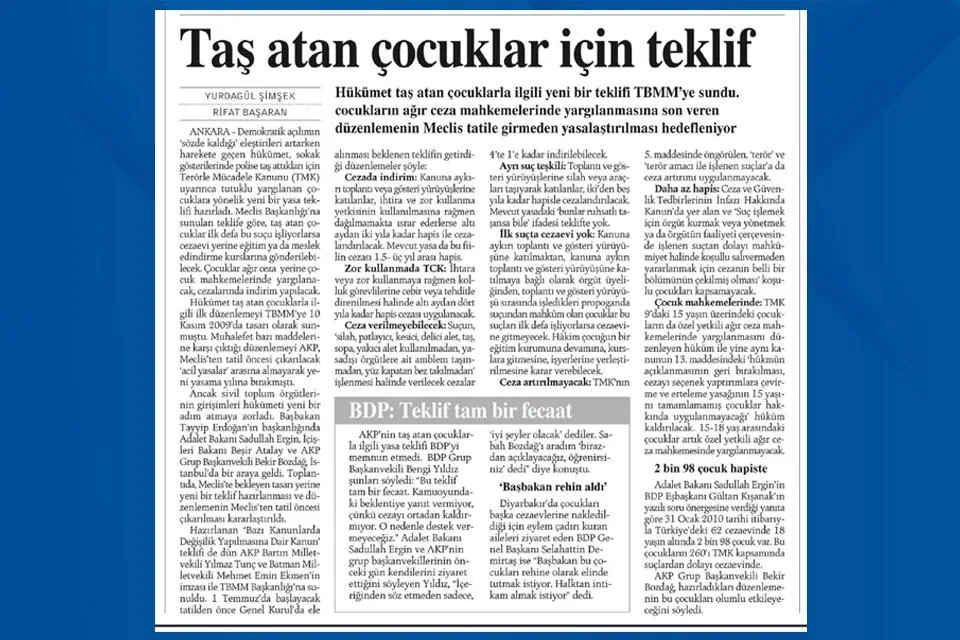 Taş atan çocuklar için teklif — gazete kupürü