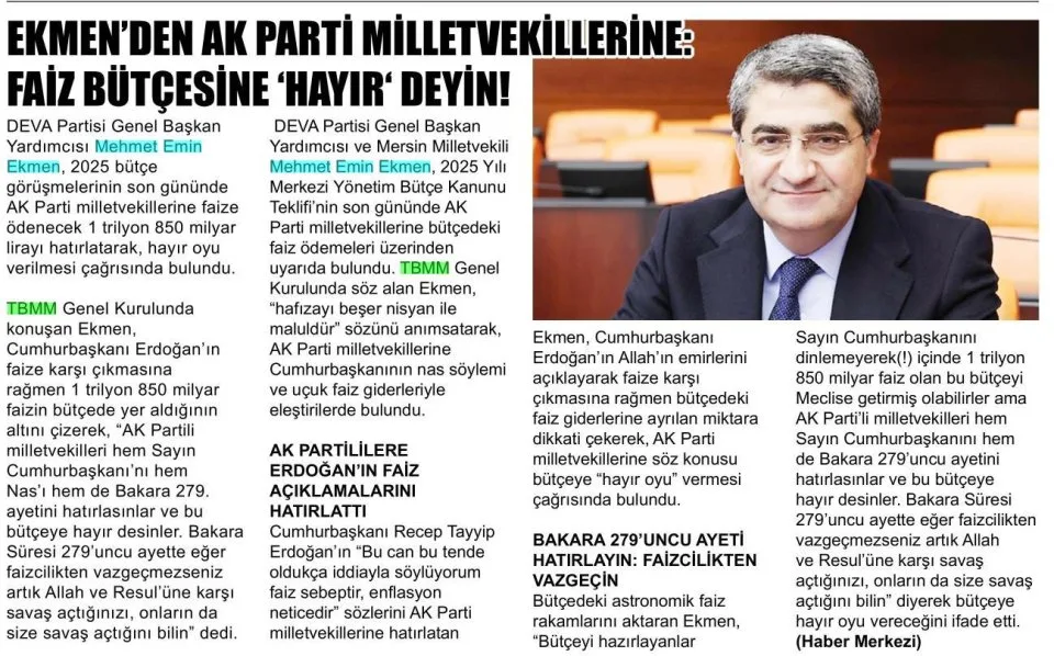 FAİZ BÜTÇESİNE HAYIR DEYİN — gazete kupürü