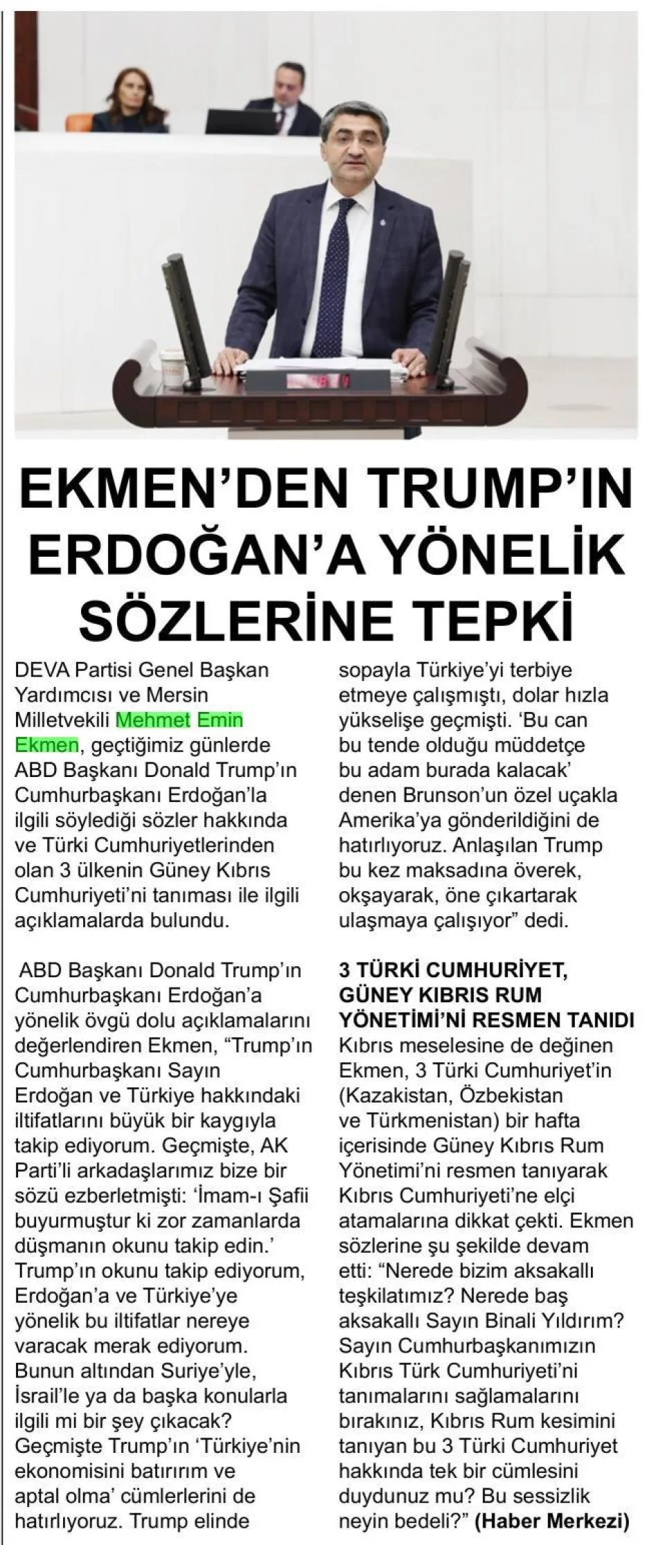 EKMEN'DEN TRUMP'IN ERDOĞAN'A YÖNELİK SÖZLERİNE TEPKİ — gazete kupürü