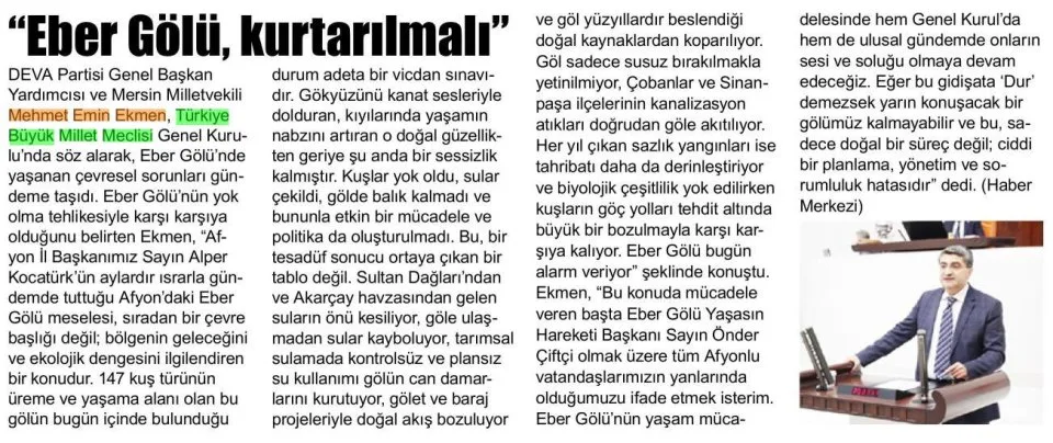 EBER GÖLÜ, KURTARILMALI — gazete kupürü