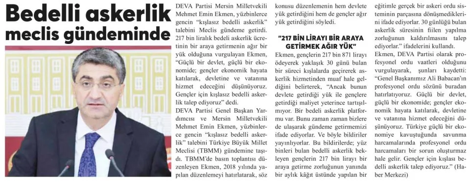 BEDELLİ ASKERLİK MECLİS GÜNDEMİNDE — gazete kupürü
