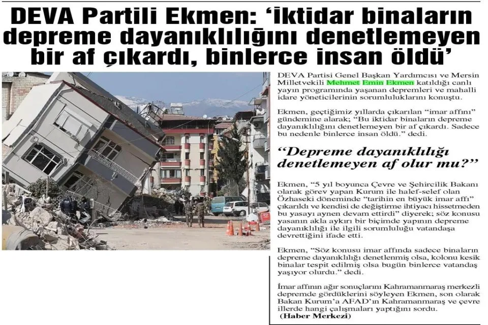 DEVA PARTİLİ EKMEN — gazete kupürü