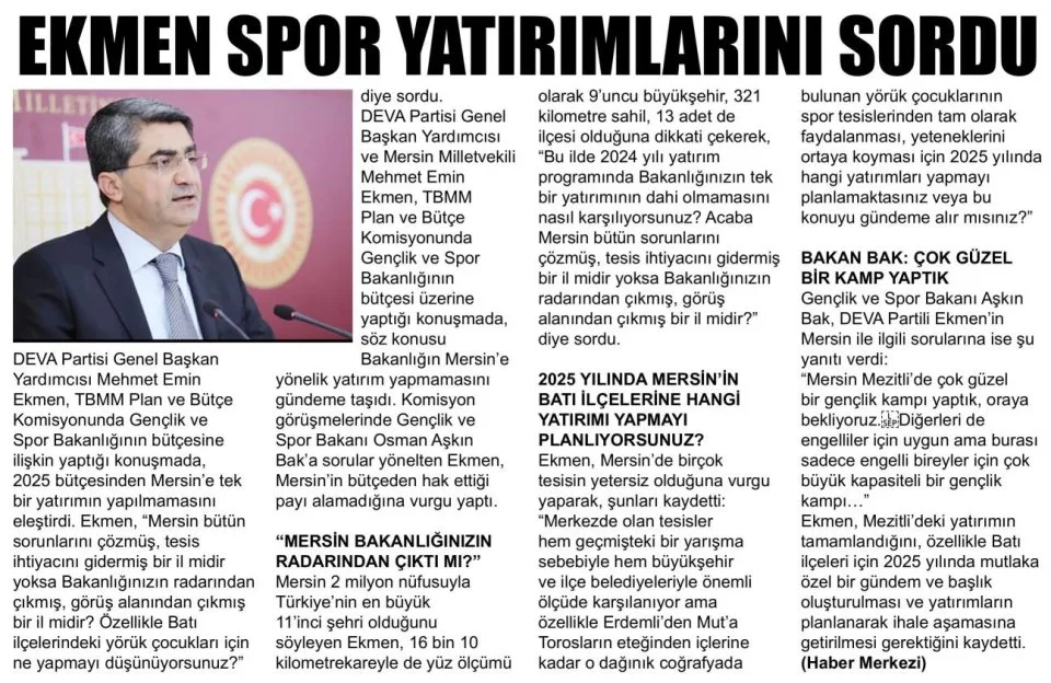 EKMEN SPOR YATIRIMLARINI SORDU — gazete kupürü