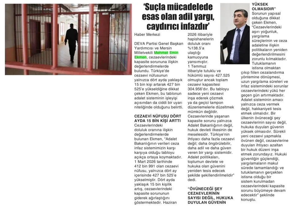 'SUÇLA MÜCADELEDE ESAS OLAN ADİL YARGI, CAYDIRICI İNFAZDIR' — gazete kupürü