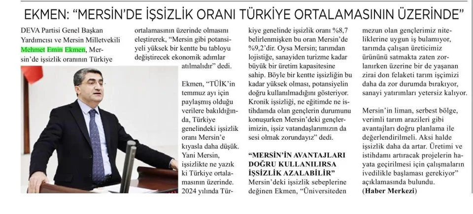 EKMEN: MERSİN DE İŞSİZLİK ORANI TÜRKİYE ORTALAMASININ ÜZERİNDE — gazete kupürü