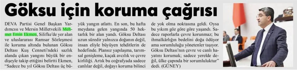 GÖKSU İÇİN KORUMA ÇAĞRISI — gazete kupürü