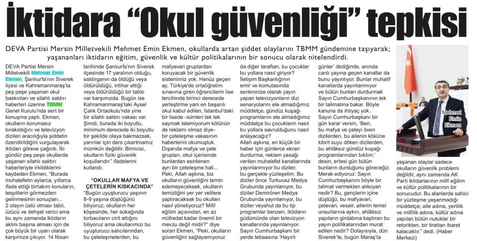 EKMEN: TEK TALİMATLA ŞİDDET DURUR — gazete kupürü
