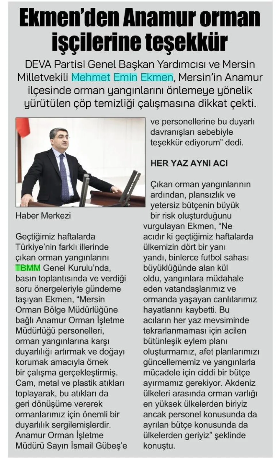 EKMEN DEN ANAMUR ORMAN İŞÇİLERİNE TEŞEKKÜR — gazete kupürü