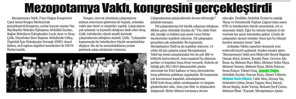 MEZOPOTAMYA VAKFI, KONGRESİNİ GERÇEKLEŞTİRDİ — gazete kupürü
