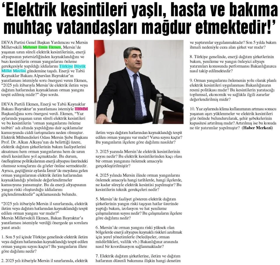 'ELEKTRİK KESİNTİLERİ VATANDAŞI MAĞDUR EDİYOR!' — gazete kupürü