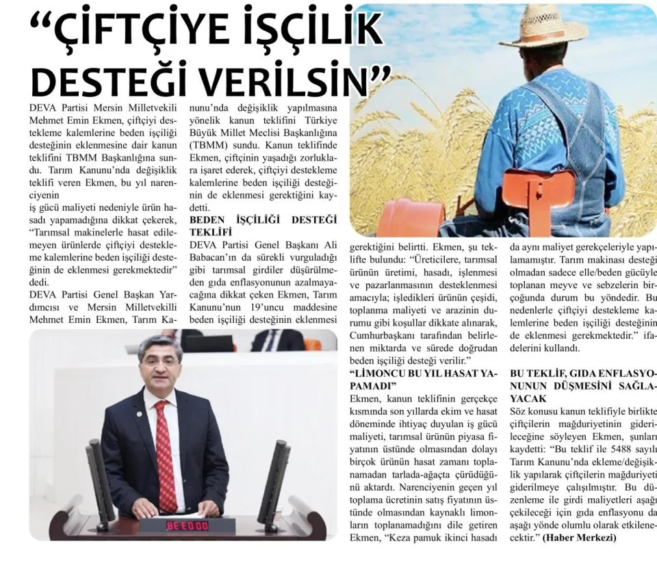 "ÇİFTÇİYE İŞÇİLİK DESTEĞİ VERİLSİN" — gazete kupürü