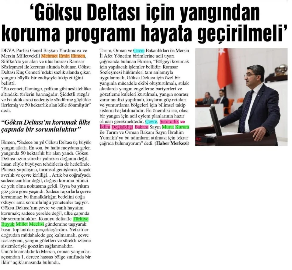 'GÖKSU DELTASI İÇİN YANGINDAN KORUMA PROGRAMI HAYATA GEÇİRİLMELİ' — gazete kupürü