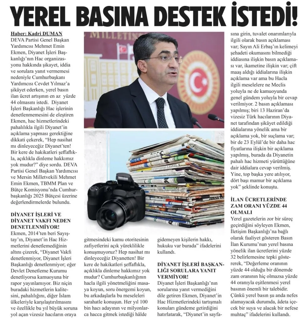 YEREL BASINA DESTEK İSTEDİ — gazete kupürü