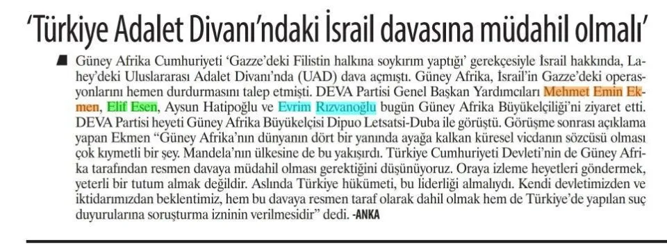 TÜRKİYE ADALET DİVANI'NDAKİ İSRAİL DAVASINA MÜDAHİL OLMALI — gazete kupürü