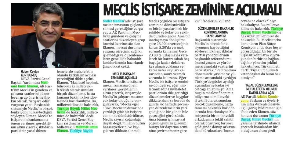 MECLİS İSTİŞARE ZEMİNİNE AÇILMALI — gazete kupürü