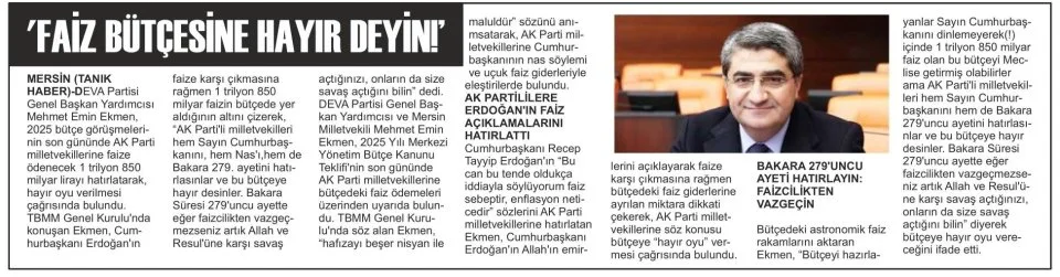 FAİZ BÜTÇESİNE HAYIR DEYİN! — gazete kupürü