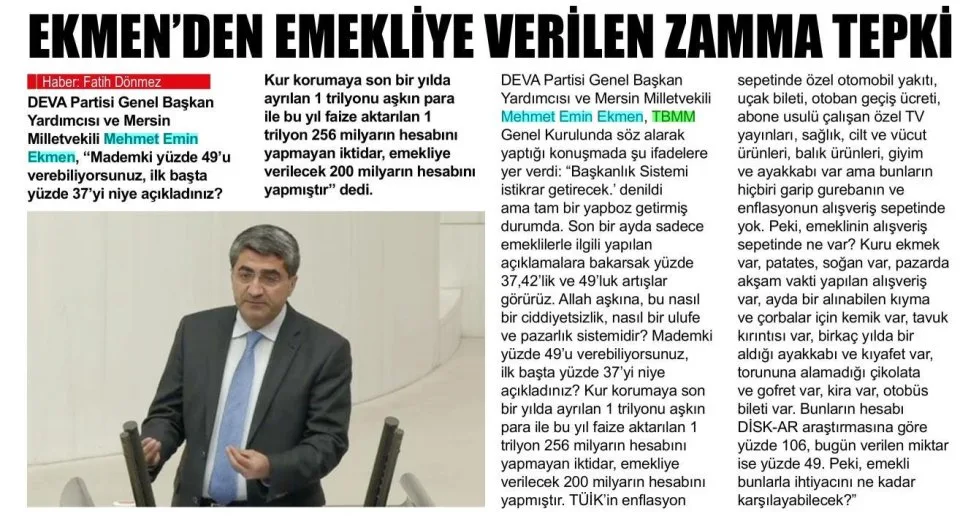 EKMENDEN EMEKLİYE VERİLEN YETERSİZ ZAMMA TEPKİ — gazete kupürü