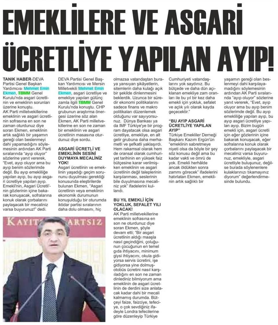 EMEKLİERE VE ASGARİ ÜCRETLİYE YAPILAN AYIP! — gazete kupürü
