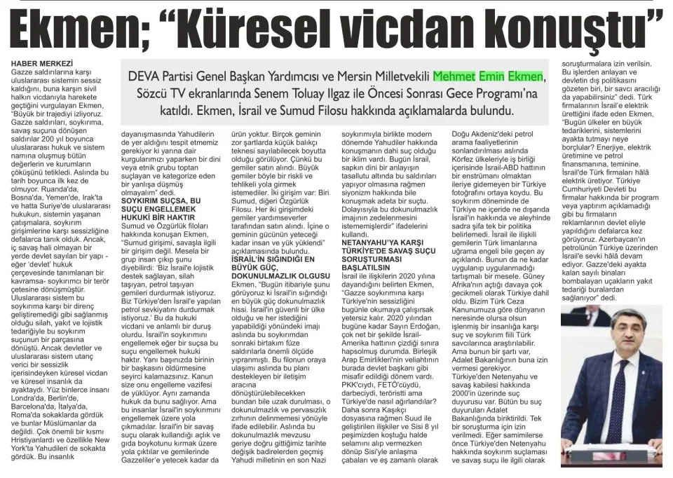 EKMEN; "KÜRESEL VİCDAN KONUŞTU " — gazete kupürü