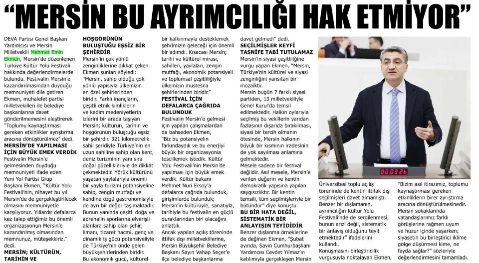 "MERSİN BU AYRIMCILIĞI HAK ETMİYOR'' — gazete kupürü