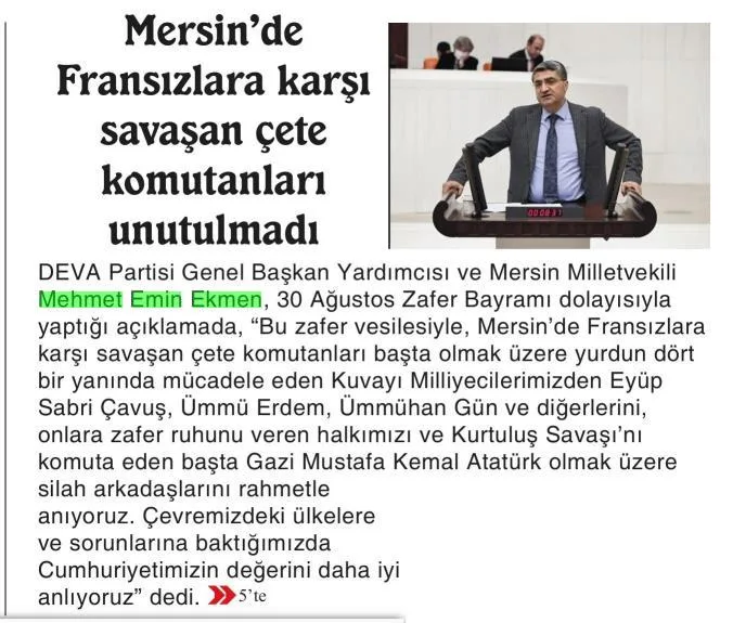 MERSİN'DE FRANSIZLARA KARŞI SAVAŞAN ÇETE KOMUTANLARI UNUTULMADI — gazete kupürü